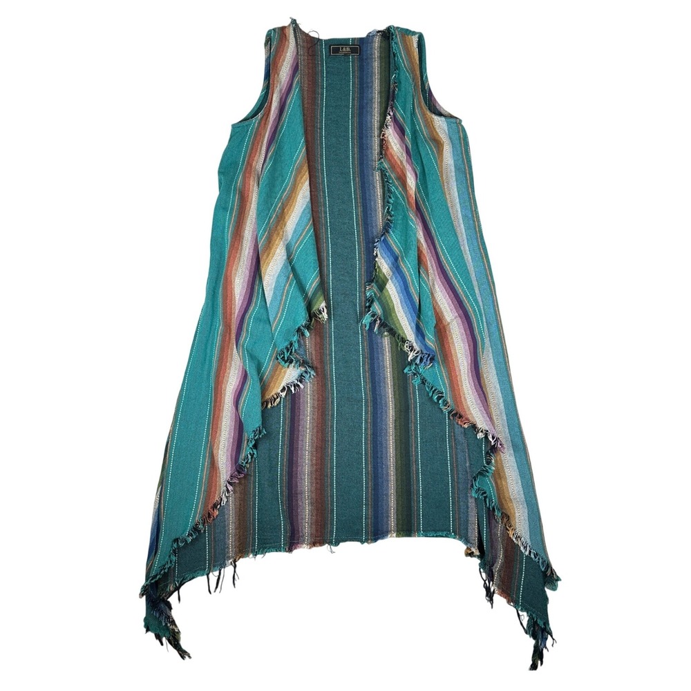 Lucky & Blessed Serape Western Turquoise Stripe Cotton Fringe‎ Duster Vest